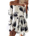 Women Summer 2019 Beach Floral Boho Dress Loose Printing Sexy Off the Shoulder Flare Sleeve Empire Flash Neck Mini Dress